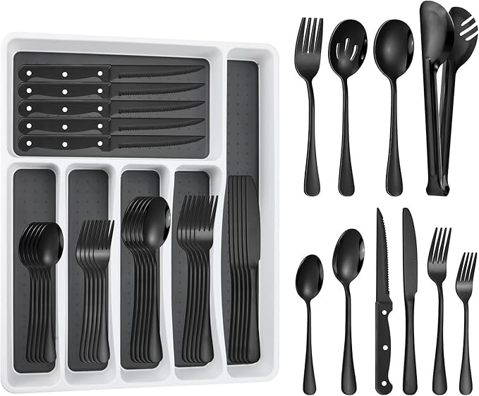 65PCS Black Silverware Set for 10 with Flatware Drawer Organizer, Stainless Steel Cutlery Set with Steak Knives, Include Spoons and Forks Set & Serving Utensils, Mirror Polished, Dishwasher Safe
