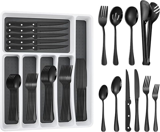 65PCS Black Silverware Set for 10 with Flatware Drawer Organizer, Stainless Steel Cutlery Set with Steak Knives, Include Spoons and Forks Set & Serving Utensils, Mirror Polished, Dishwasher Safe