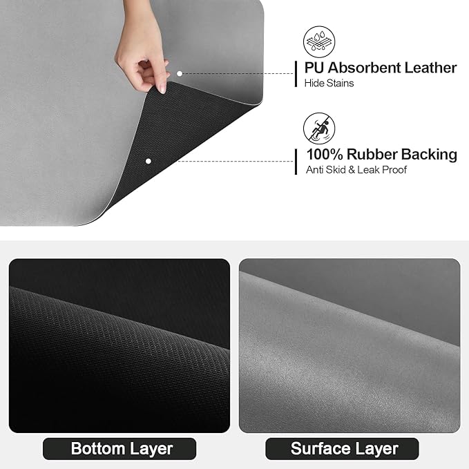 Ecotrim Absorbent Coffee Mat , Stain Hiding PU Leather Surface, Non-Slip Natural Rubber Backing, Quick Dry Mat for Espresso Machine, Kitchen Counter ,Grey | 16" x 24"