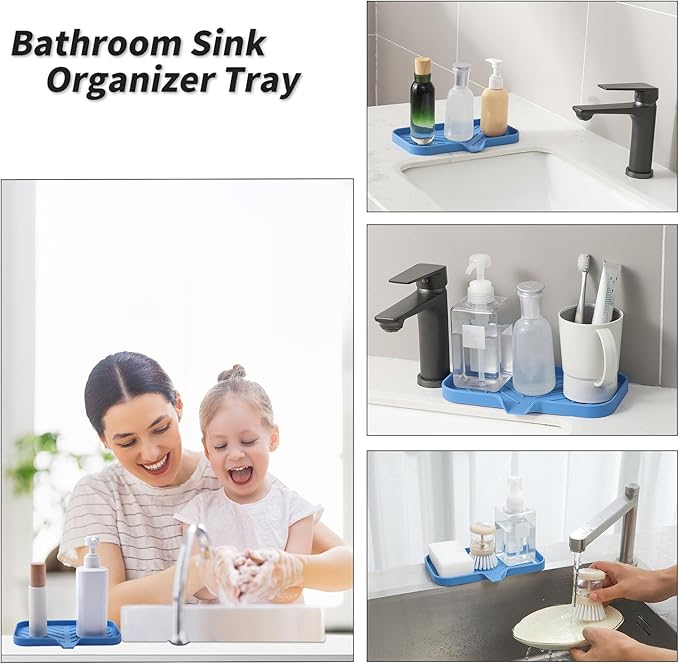 MicoYang Silicone Soap Dish with Drain Spout — Self-Draining Sink Organizer Tray for Bathroom & Kitchen, Sponges, Dispensers & Soap Holder, Non-Slip & Dishwasher Safe, Lichen Blue (Medium, 9.6"×5.3")
