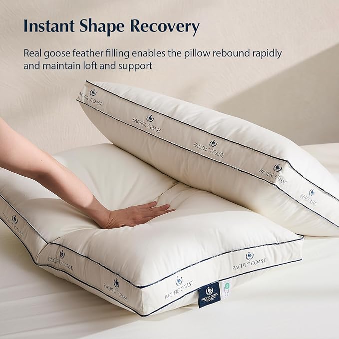Pacific Coast Goose Firm Bed Pillows of Standard Size, 100% Organic Cotton Cover, Gusseted Design for Sleeping, Feather and Down Pillows of Hotel Collection