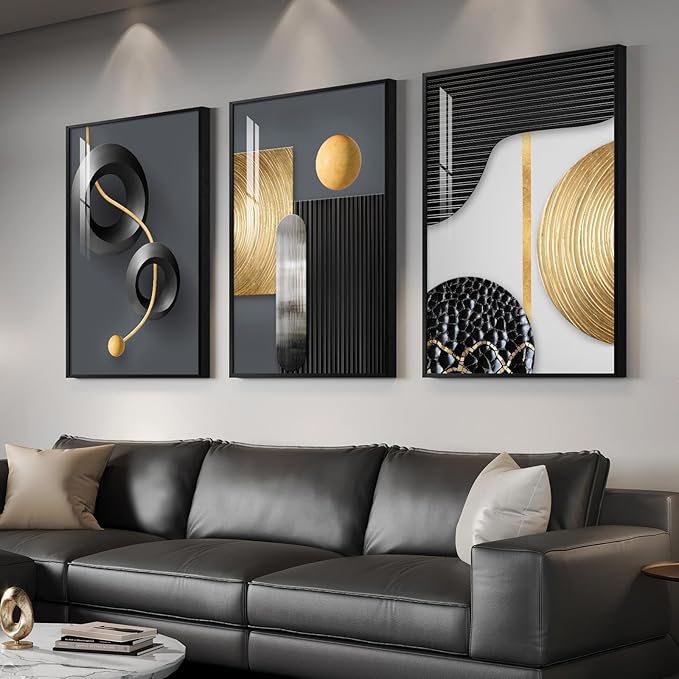 Large Framed Modern Elegant Wall Art for Living Room, 3 Piece Contemporary Luxury Prints Paintings, Black and Gold Abstract Geometric Pictures for Bedroom Entryway Home Office Wall Decor 24x36 In