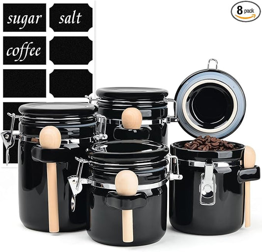 4-Piece Airtight Ceramic Canisters Set with Wooden Spoons & Chalk Labels – Perfect for Coffee, Sugar, Flour, Tea (Black) – Stylish & Leakproof Kitchen Storage