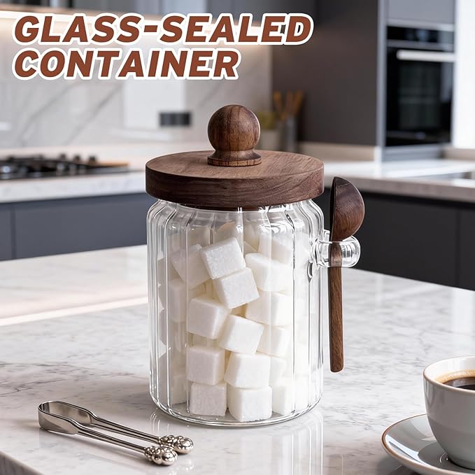 Brown Sugar Saver Bowl with Lid and Spoon, Farmhouse Style Ribbed Glass Coffee canister - Food Storage Jars (20oz) with Wooden Lid for Kitchen, Coffee, Tea, Baking Supplies & Spice Dispenser (1 Pack)