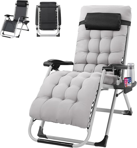 VINGLI Padded Zero Gravity Chair, Lounge Chair with Removable Cushion & Tray， Folding Reclining Patio Chairs， Recliner Chair for Lawn，Indoor and Outdoor