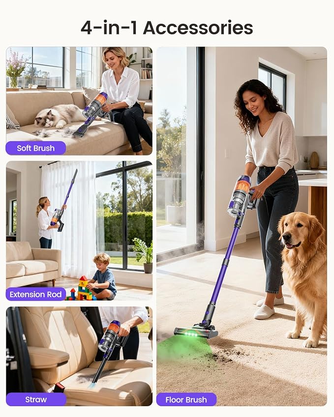 Cordless Vacuum Cleaner, 500W 40KPa 60Mins Vacuum Cleaners for Home, Powerful Stick Vacuum With Green Light, Anti-tangle Wireless Vacumm, Rechargeable Vacuum for Pet Hair/Carpet/Hardwood Floor, Purple