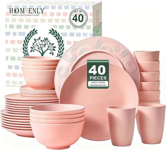 Homienly 40 PCS Premium Wheat Straw Dinnerware Sets, Unbreakable Dishes Set for Party, Resuable Plates Set,Service for 8,Microwave and Dishwasher Safe Cups and Bowls Set for Camping, RV（Pink）