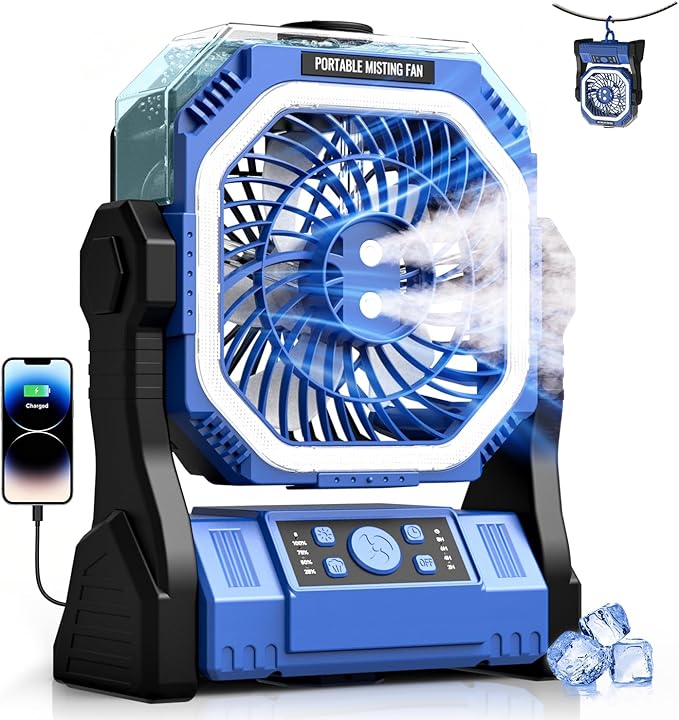 Portable Misting Fan with 20000mAh Battery, 350mL Instant Mist Spray, 270° Adjustable, 4 Speeds & 4 Timer, Rechargeable Water Mist Fan for Outdoor Camping Beach Patio Travel, Power Bank Function