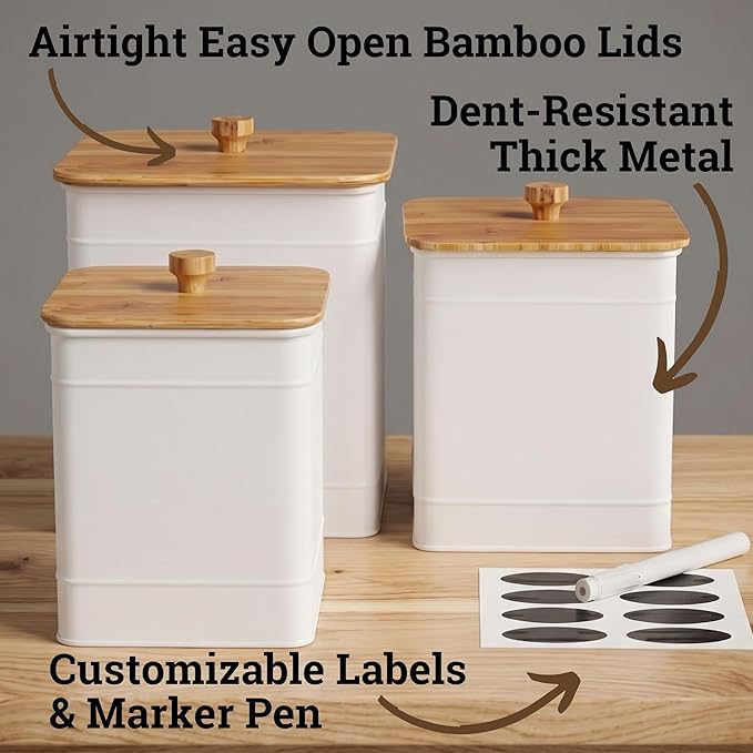 Kitchen Canisters for Countertop Set of 3 with Customizable Chalkboard Labels & Marker Pen - Big Iron Kitchen Canisters with Airtight Lids - White Canister Set - Flour and Sugar Containers Farmhouse