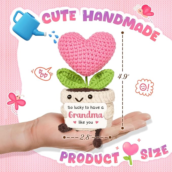 Grandma Gifts, Mothers Day Birthday Gift for Grandma from Granddaughter Grandson, Mini Handmade Emotional Positive Crochet Pink Heart Flower