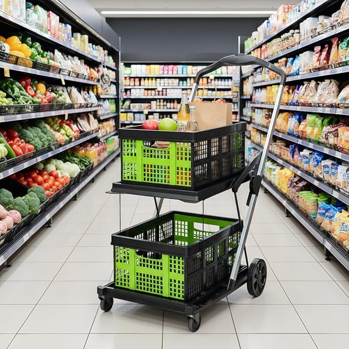 Collapsible Shopping Cart with Wheels,2 Tier Multi Use Foldable Shopping Cart with 2 Storage Crates,Folding Shopping Trolley Utility Cart for Office,Groceries, Warehouse,Supermarket,Picnic (Green)
