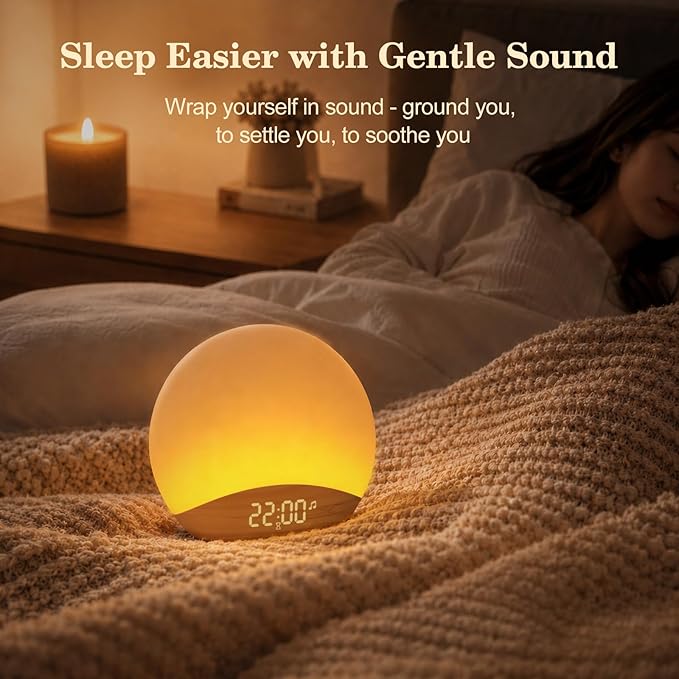 REACHER Wood Grain Sunrise Alarm Clock and Sound Machine Nightlight, Digital Dimmable Clock for Bedroom, 26 Sleep Sounds, White Noise Machine for Baby, Adults, Wake Up Light Alarm Clock for Kids