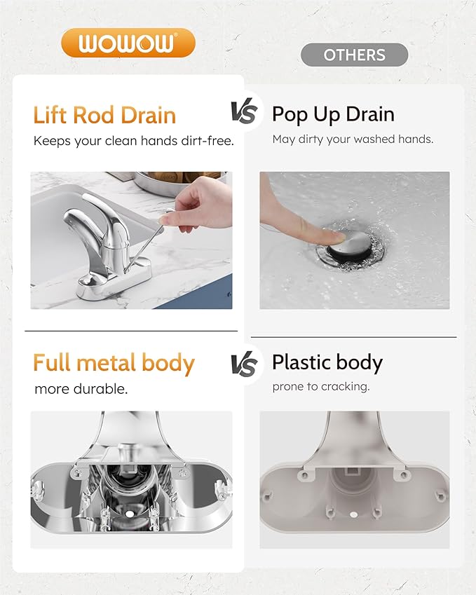 WOWOW Bathroom Faucet 1 Handle Low Arc Single Handle 4 inch Centerset Bathroom Sink Faucet with Lift Rod Drain Assembly Basin Mixer Tap Chrome Vanity Taps