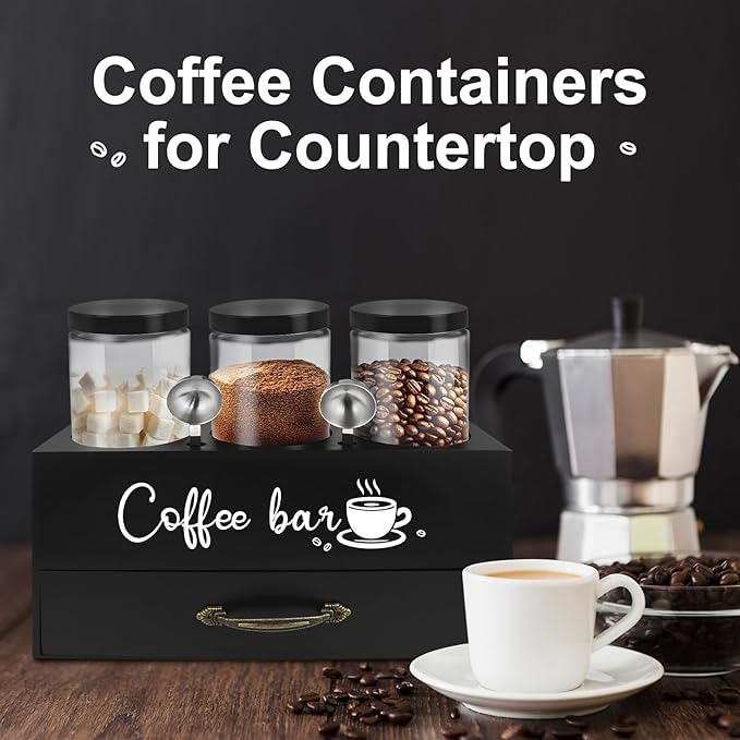 MACIFECI 54 oz Coffee Canister Set with Shelf, Coffee and Sugar Container Set of 3 Canisters Sets for Kitchen Counter, Plastic Coffee Bean Storage Container with Scoop (Black - Drawer)