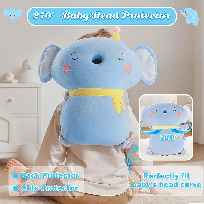 Baby Head Protector Backpack Memory Foam,Toddler Baby Walker Head Protection Safety Pad, 3-Sided Fall Head Safety Protection(Blue-Elephant)