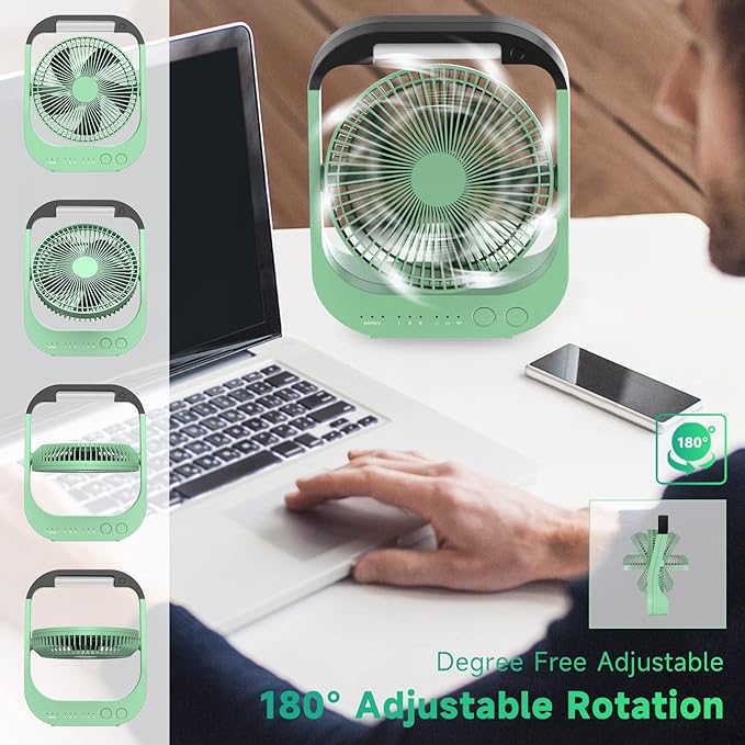 ATEngeus USB Desk Fan with 10000mAh Battery, 4 Speeds, 8“ Portable Camping Fan, 180°Rotation, LED Light, Timer, for Camping, Travel, Office and Home Use