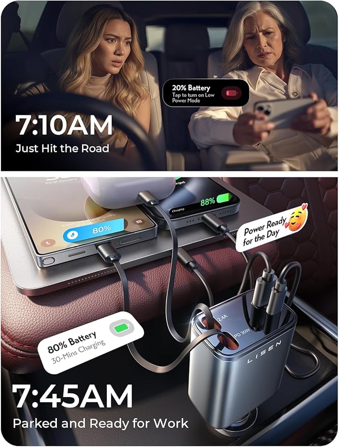 LISEN Retractable Car Charger, [2026 Upgrade 50 inch ] Long 4 in 1 Retractable Cable Car Charger, USB C Car Charger Fast Charging for iPhone 17 16 15 14 13 12 11 X Pro Max Plus Mini, Samsung S26 S25