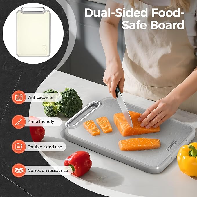 Sumzzz 2-in-1 Stainless Steel Cutting Board, Double-Sided for Raw Meat & Vegetables, Dishwasher Safe, Easy to Clean, Non-Slip Large Chopping Board with Juice Groove, Ideal for Home Kitchen (16”×11”)
