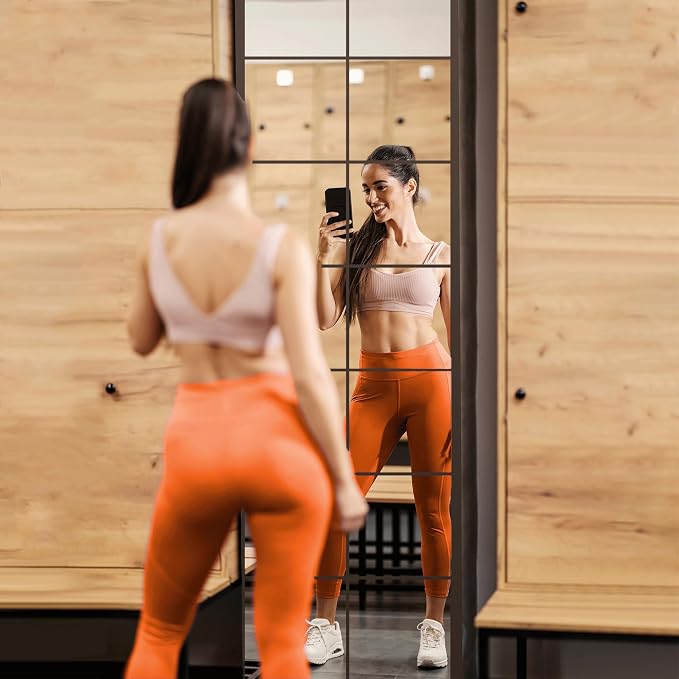 Delma Home Gym Mirrors, 12'' x 12'' Glass Mirror Tiles, 16 PCS | Square Large Wall Mirror, For Home Gym, Bedroom, Door, Bathroom, Frameless Mirror Sets
