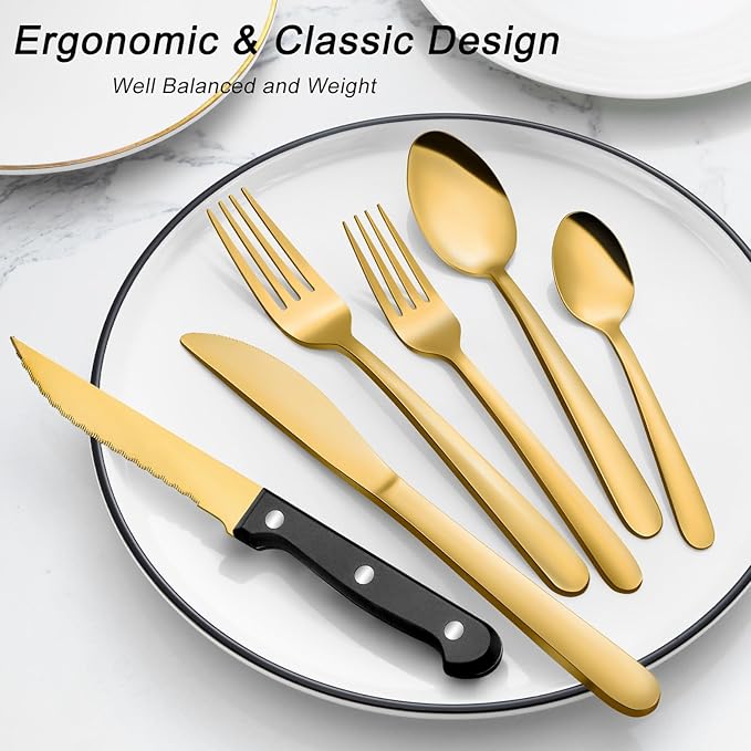 Pleafind 48-Pieces Gold Silverware Sets for 8, Flatware Set with Steak Knives, Stainless Steel Cutlery Set, Include Forks Spoons and Knives Set, Dishwasher Safe Utensil Sets for Home Restaurant