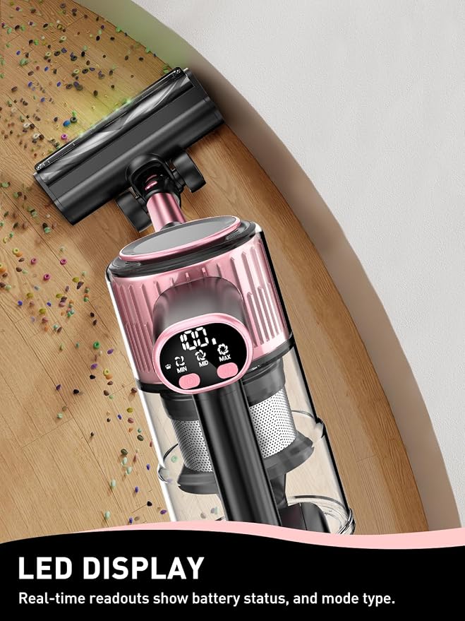 VICEASE Cordless Vacuum Cleaner, 8 in 1 Powerful Suction Lightweight Vacuum Cleaner for Home, LED Display, 3 Suction Modes, 45Mins Detachable Battery Stick Vacuum for Hard Floor Carpet Pet Hair, Pink