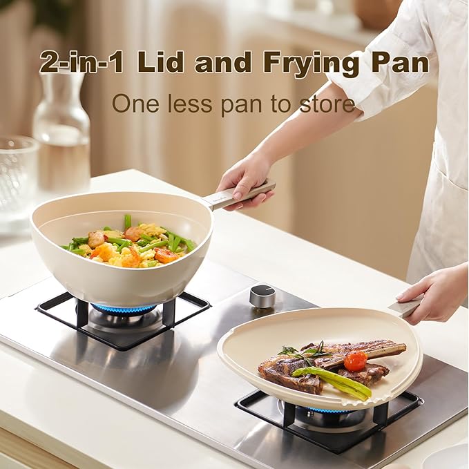 3QT Multipurpose Ceramic Sauce Pan/Saucepan - Reversible Skillet Lid, Steamer & Dual Strainers, Space-Saving Nesting, For All Stovetops & Dishwasher Safe