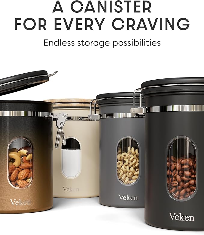 Veken Coffee Sugar Canister with Window, Mothers Day Gifts For Women,Airtight Stainless Steel Kitchen Food Storage Container, Date Tracker & Scoop for Grounds Coffee, Beans,Tea,Flour,Cereal,22OZ,Cream