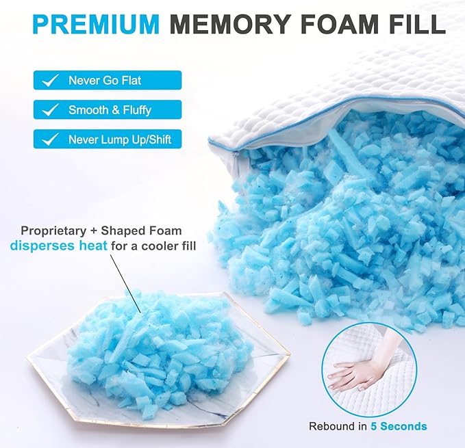 VVZ Cooling Bed Pillows Standard Size Set of 4,Shredded Memory Foam Pillows with Gel, Adjustable Firmness for Side, Back, Stomach Sleepers, 20x26, White
