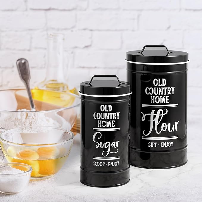 DAYYET Black Canisters Sets for the Kitchen, Airtight Kitchen Canisters for Countertop, Flour and Sugar Containers, Tea Coffee Sugar Canister Set, Black Kitchen Decor and Accessories, Set of 4