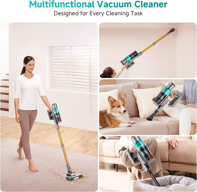 Cordless Vacuum Cleaner:Portable 6-in-1 Stick Vacuum with Anti-Tangle Brush | LED Headlight, Self-Standing, HD Display, Rechargeable Vacuum for Pet Hair, Low-Pile Carpet and Hardwood Floor-Green