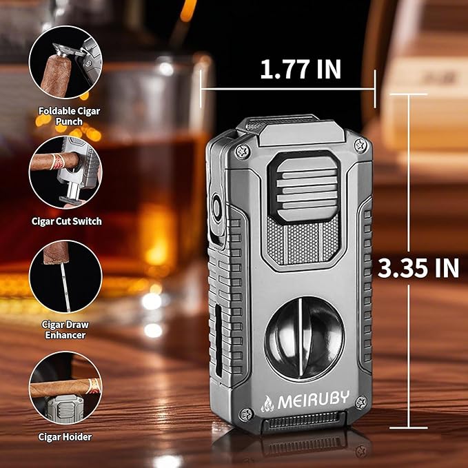 MEIRUBY 5-in-1 Butane Torch Lighter, Refillable Jet Flame Cigar Lighter with V-Cutter, Punch, Holder and Draw Tool, Multi-Functional Cigar Accessories Gift for Men, Dad, Husband, Friend & Cigar Lover