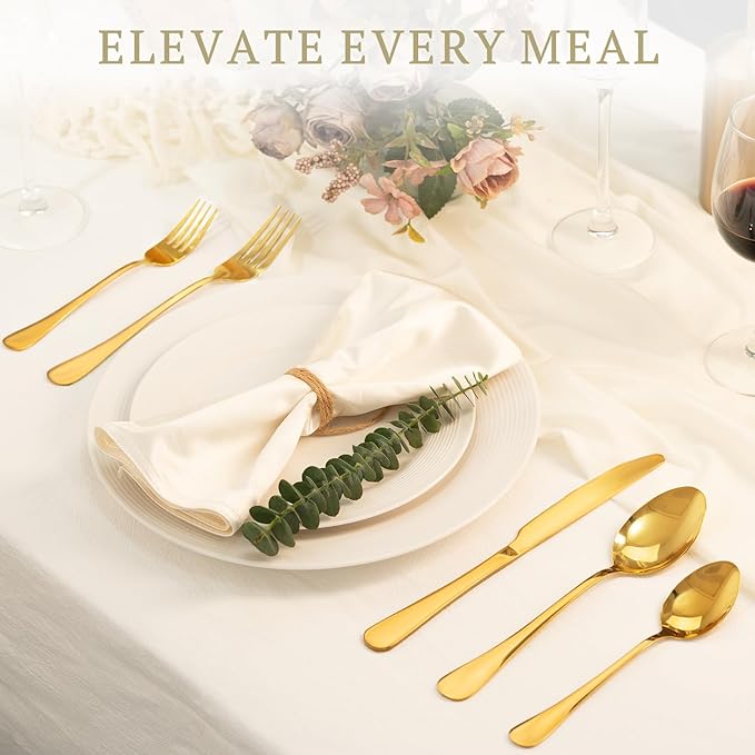 Astercook 24-Piece Silverware Set with Steak Knives Gold Flatware Set for 4 Food-Grade Stainless Steel Cutlery Set Mirror Polished Utensils Set Include Spoons and Forks for Home Gifts for Women
