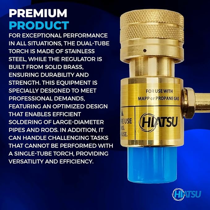 HIATSU Double Flame Jet Turbo Torch Head - High Output Heavy Duty Propane Torch Head for Brazing and Soldering - Stainless Steel and Brass Construction Torch Head - 360° Rotating Shaft