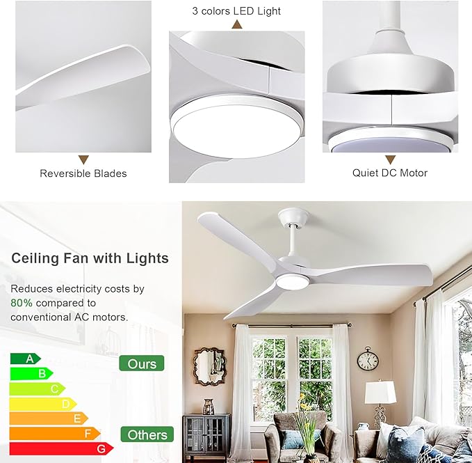 White Ceiling Fan with Light: 52-Inch Ceiling Fan 3 Blades Low Profile Outdoor - Modern Ceiling Fans with Remote APP Control Quiet Reversible DC Motor for Patio Living Room