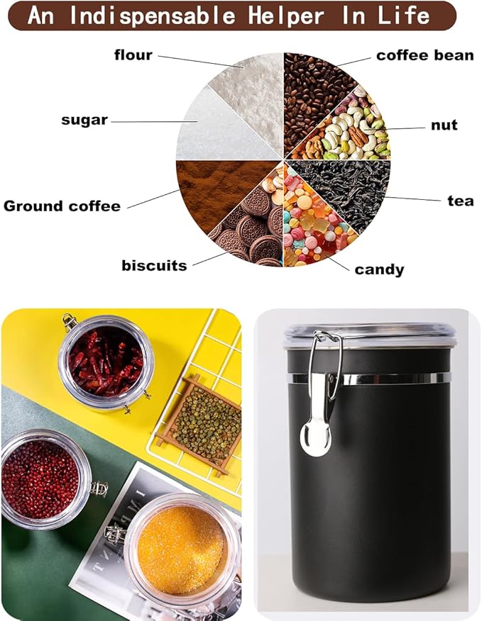 Walktosun Stainless Steel Food Container with Clear Lids Airtight Container Stackable Small Canisters Kitchen Pantry Storage for Cereal, Snacks, Candy, Herbs, Spices, Sugar, Tea (1.8L Dark Black-2)