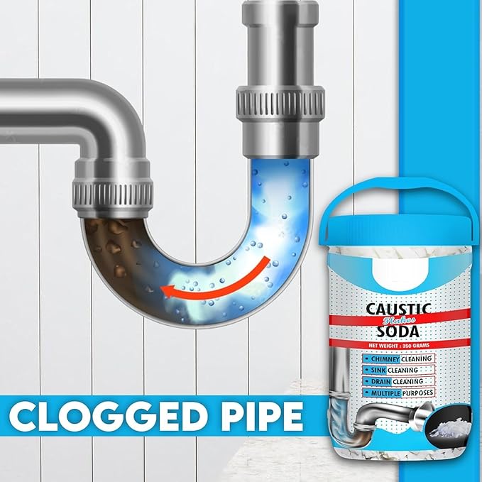 12.34oz Caustic Soda – Fast-Acting, Non-Toxic & Odorless Formula to Clear Blockages Instantly – Unblock Clogged Sinks & Pipes with Chimney & Drain Cleaner Flakes – 350 Grams