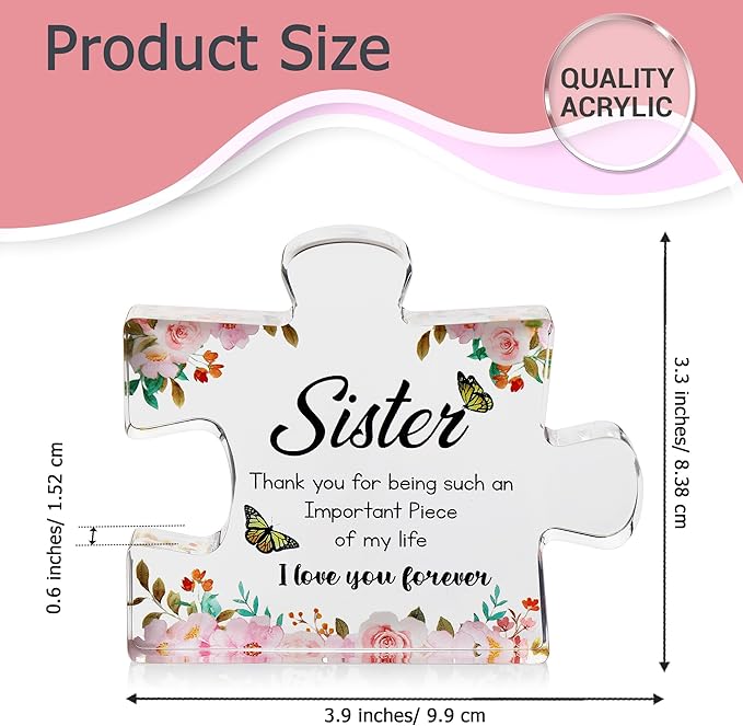 VELENTI Gifts for Mothers Day - Sister Engraved Acrylic Puzzle Piece with Heartfelt Message - Perfect Sister Birthday, Thanksgiving, Paperweights - Cute Decoration for Home, Office