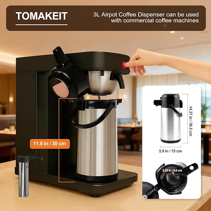 TOMAKEIT Airpot Coffee Dispenser with Pump,102 OZ/ 3L Large Coffee Dispenser with Tea Filter for Party Hot Drinks Water Tea Chocolate Hot/Cold Water, Insulated Stainless Steel Thermal Carafes