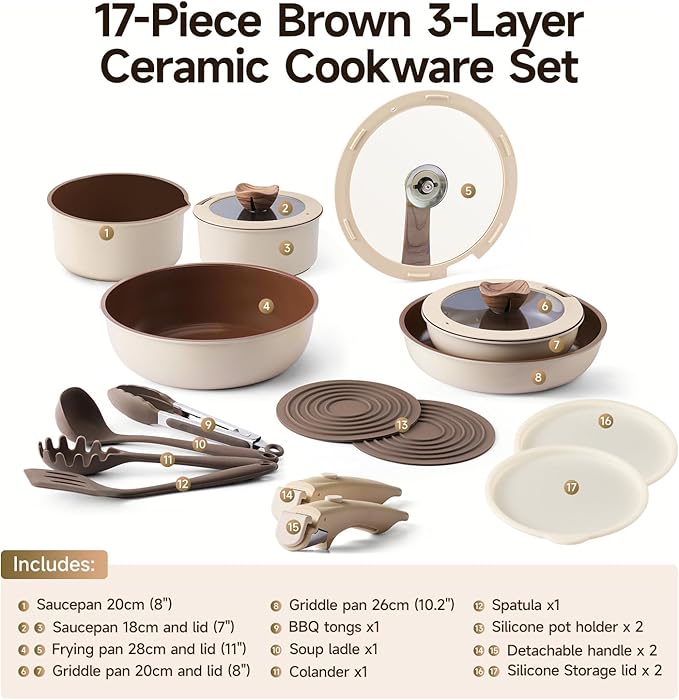 17-Piece Pots and Pans Set with Detachable Handle, Ceramic Nonstick Cookware Set, Thickened Base Brown Cookware Set, Stackable RV Pots and Pans Set for Camper(PFOS, PFOA Free)