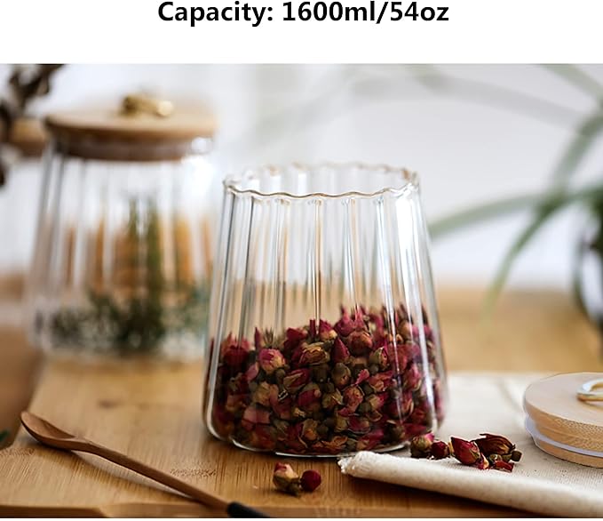 Glass Coffee Nuts Canister Airtight Storage Jar Petal Decorative Container with Bamboo Lid Metal Handle Easy to Grasp 1600ml, 54 FL OZ (Large Conical)