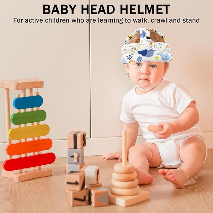 Baby Head Protector Baby Helmet for Crawling Walking, No Bumps Safety Head Adjustable Protective Cap for Walking, Playing - Blue Dinosaur