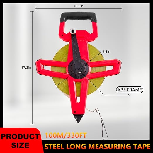 328ft/100m Open Reel Long Tape Measure, 1/2" Nylon-Coated Steel Blade, Dual Inch/Metric Scales, ABS Impact-Resistant Case for Construction, Surveying Red