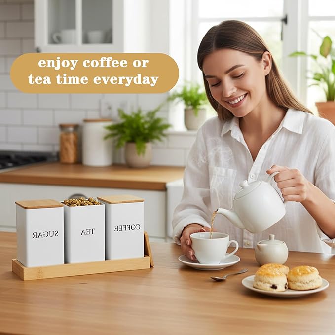 Coffee Tea Sugar Container with Tray, Set of 3 Square Airtight Metal Storage Canister with Bamboo Lids White Metal Teas and Coffee Canisters Set for Kitchen, Dining, Cupboard, Snack