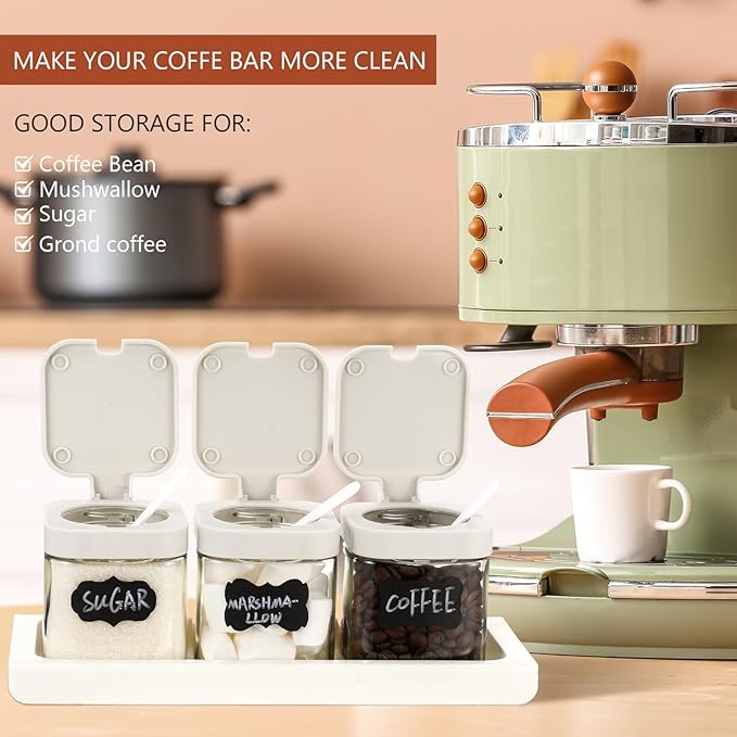 Suclain 3 Pcs Glass Coffee Containers Coffee Station Organizer Set, Airtight Bean Storage Jars with Shelf,labels,spoon, Base and Pen,for Sugar, Candy, Oats, Nuts(White)