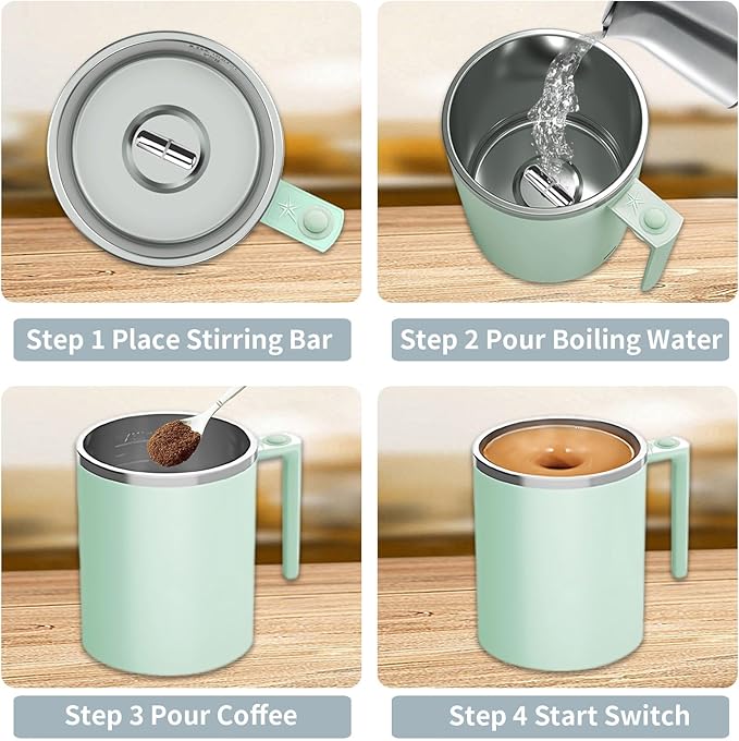 Self Stirring Mug, 12.2 oz Self Stirring Coffee Mug with Magnetic Stirrer & Anti-Sedimentation, Rechargeable Auto Magnetic Coffee Mug for Coffee, Milk, Hot Cocoa (Green)