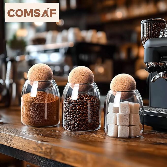 ComSaf 16oz Clear Decorative Glass Jar with Cork Ball Lid - Coffee Bar Kitchen Counter Bathroom Storage, Dishwasher Safe, Glass Canister for Coffee Sugar Candy Storage - Home Decor & Gifting
