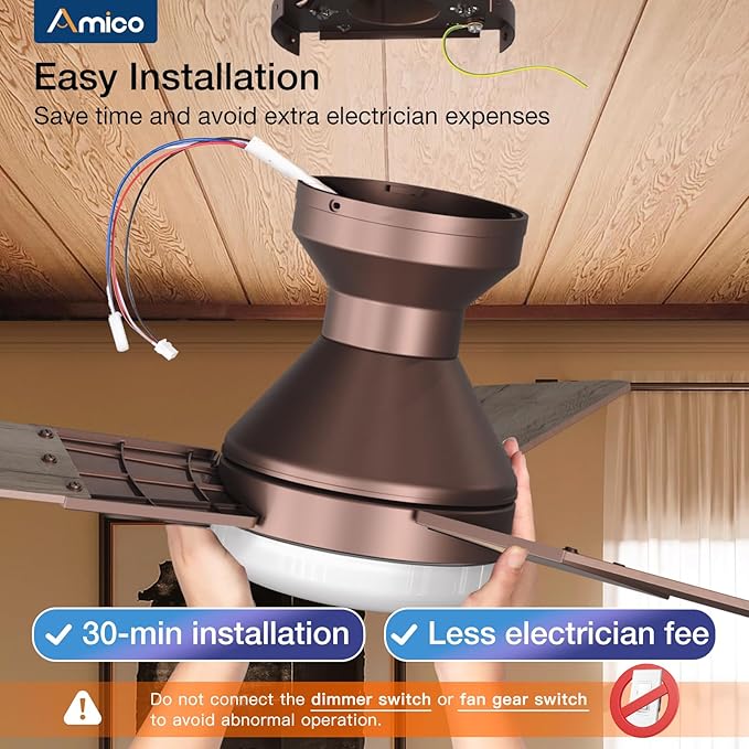 Amico Ceiling Fans with Lights, 52 inch Low Profile Ceiling Fan with Light and Remote Control, Flush Mount, Reversible, 3CCT, Dimmable, Noiseless, Brown Ceiling Fan for Bedroom, Indoor/Outdoor Use