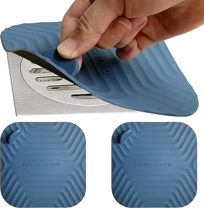 Shower Drain Cover Tub Stopper,2 Pieces Sewer Anti-Odor Mat Deodorizing Drain Plugs for Kitchen,Bathroom and Laundry(5.9x5.9 inch) Blue