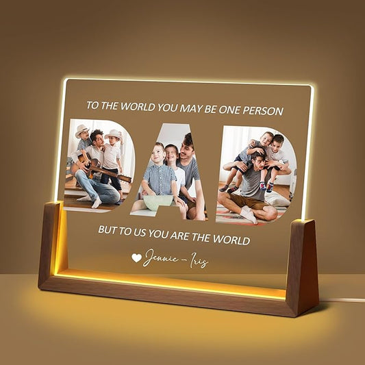 Fathers Day Birthday Personalized Gifts For Dad From Daughter Son Kids Wife, Custom Acrylic Plaque Picture Frame Night Light With Photo Name, Customized Christmas Gifts For Dad Papa Husband Men