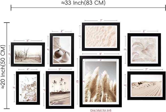 ArtbyHannah Gallery Wall Frame Set, 8 Pack Picture Frames Collage Wall Art Decor with Neutral Pampas Grass for Bedroom, Assorted Size Including 8"x10", 5"x7", 4"x6", 6"x6"(Black Frame,Small)
